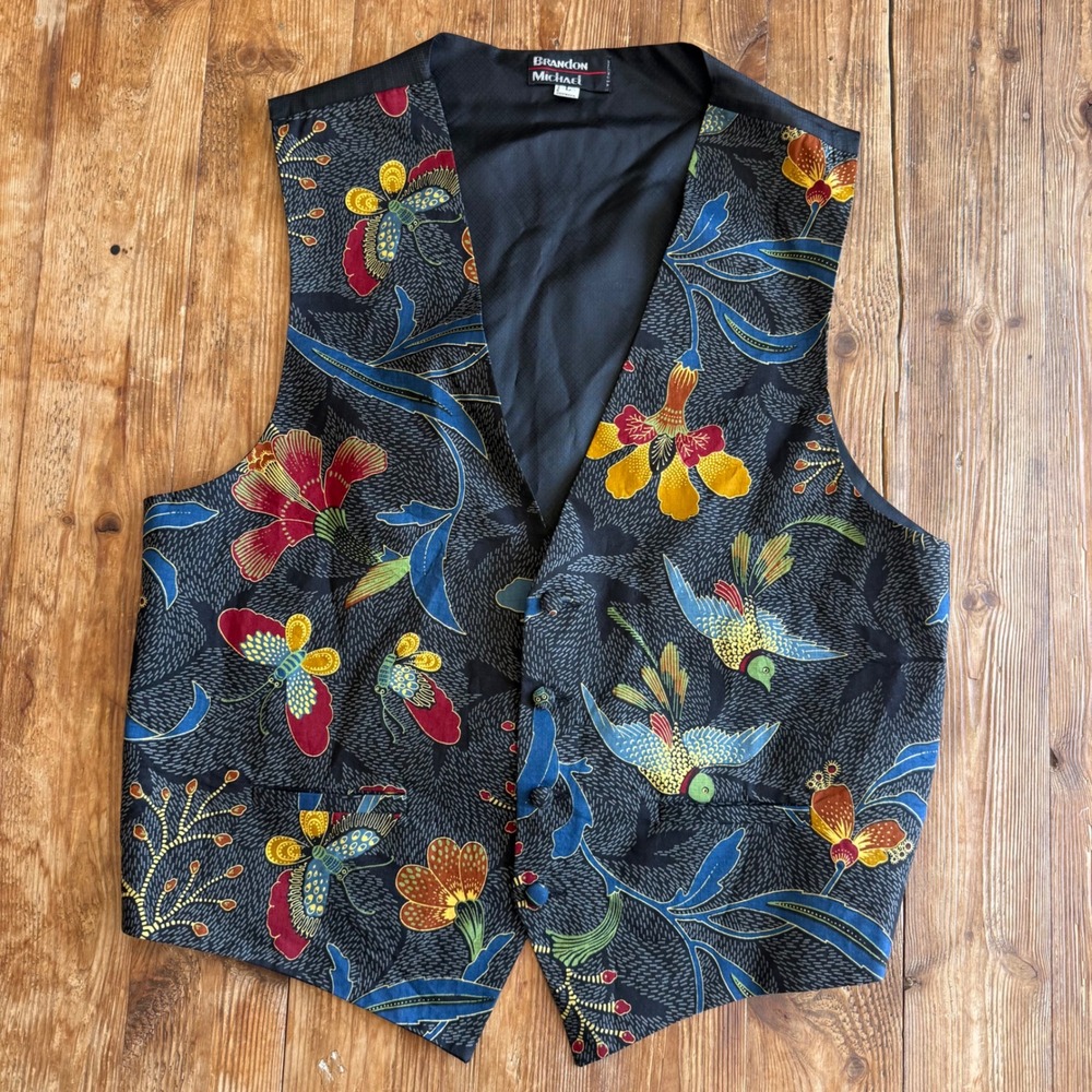 Brandon Michael Tropical Bird Floral Print Cotton Waistcoat Vest USA Men's L EUC
